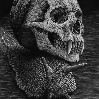 Dibujo a lápiz de carboncillo de un caracol gótico del artista David Mateo.