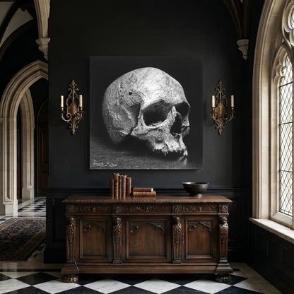 Dibujo a lápiz de carboncillo de una calavera de estilo gótico del artista David Mateo.