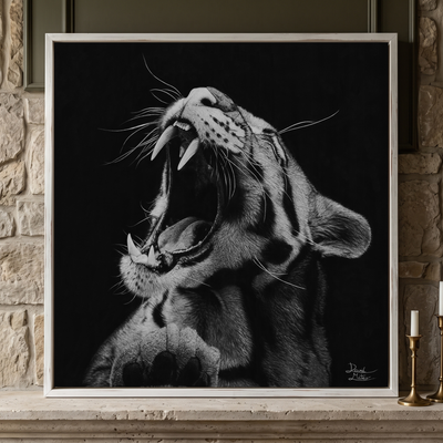 Dibujo a lápiz de carboncillo de un leopardo nublado rugiendo de David Mateo.