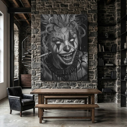 Dibujo a lápiz de carboncillo e una payasa gótica, ideal para cuadros modernos para la decoración de interiores