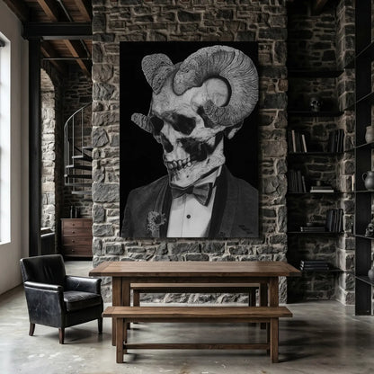 Dibujo a lápiz de arte gótico con una calavera con cuernos de cabra y esmoquin del artista David Mateo.