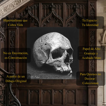 Dibujo a lápiz del hiperrealismo de una calavera humana realizado con carboncillo por el artista David Mateo.
