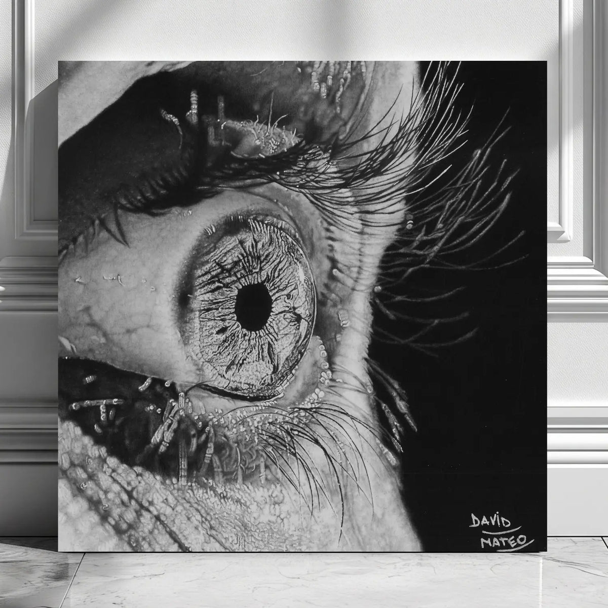 Dibujo a lápiz del hiperrealismo de un ojo humano en primer plano del artista David Mateo.