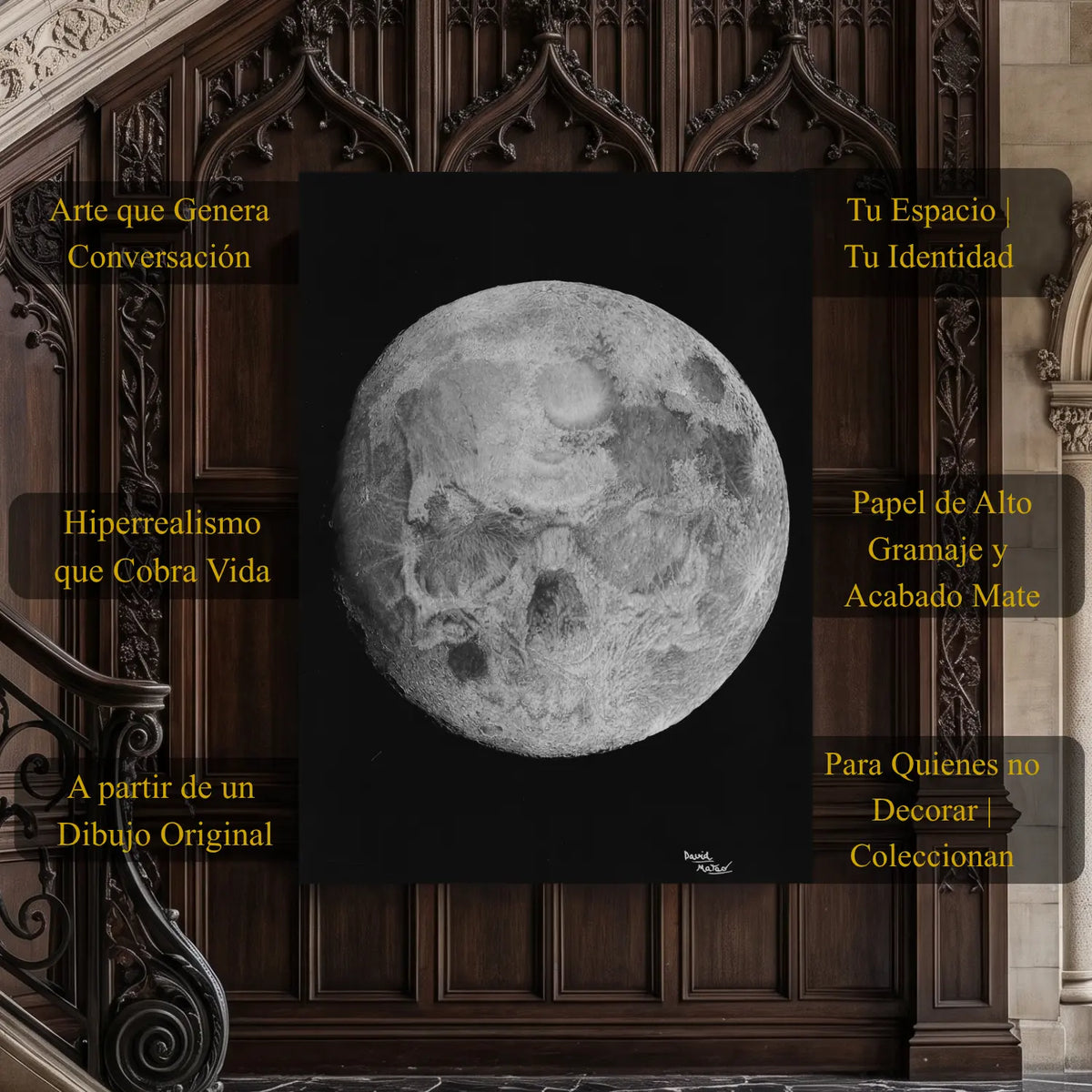 Dibujo a lápiz realista de una luna llena que esconde una calavera entre sus cráteres.
