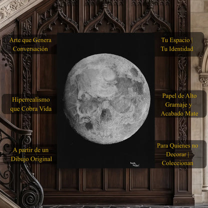 Dibujo a lápiz realista de una luna llena que esconde una calavera entre sus cráteres.