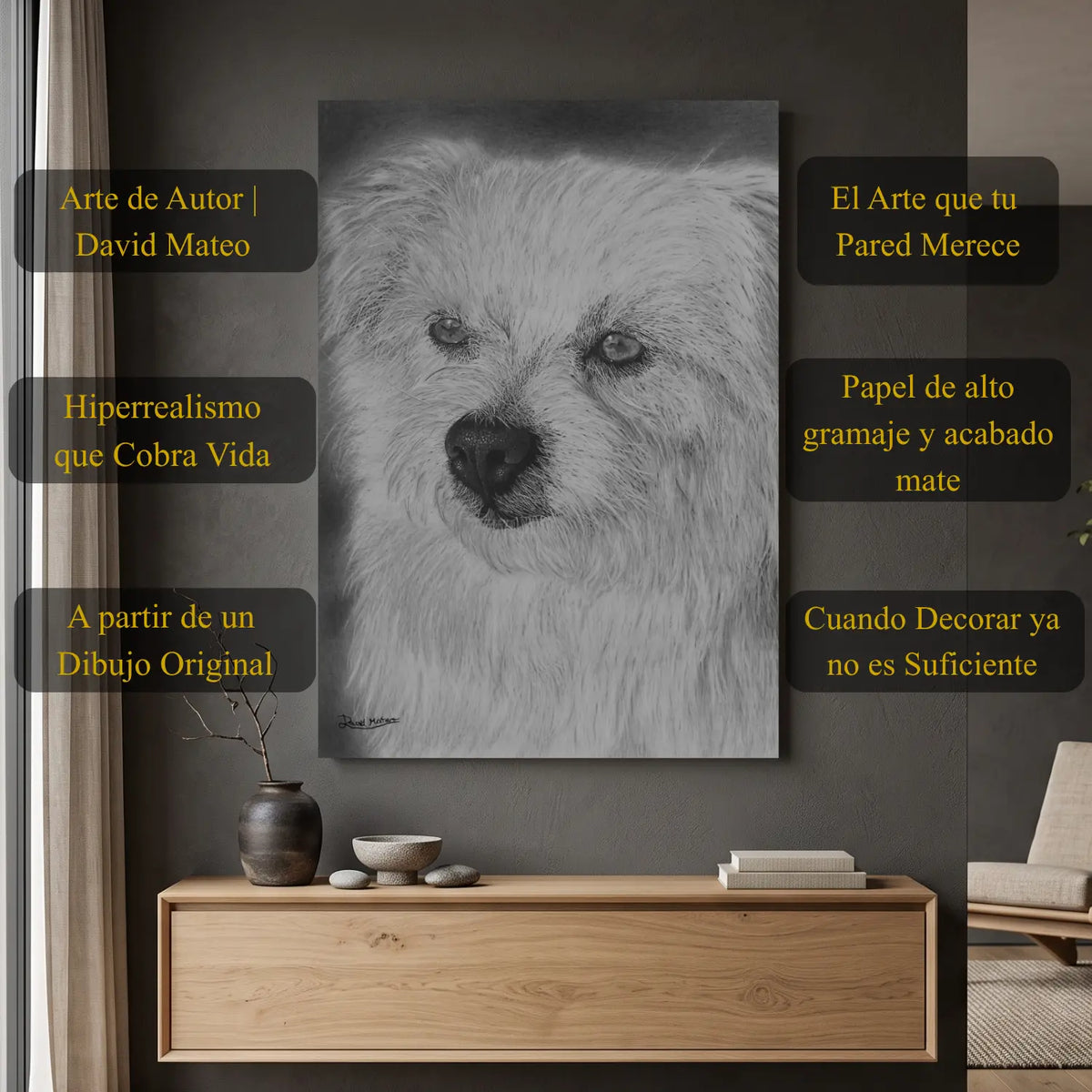 Dibujo a lápiz realista de un perro. Retrato de la mascota de David Mateo.