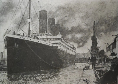 Titanic, dibujo a lápiz original atracado en el puerto, obra de arte realista a grafito realizada por David Mateo. Decoración de interiores.