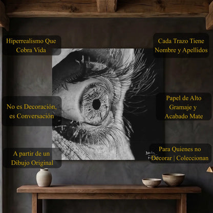 Dibujo realista a carboncillo de un ojo humano en primer plano de hiperrealismo del artista David Mateo.