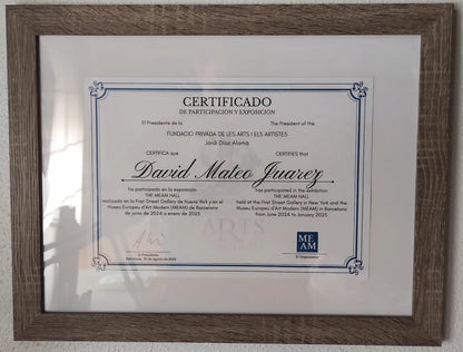 Certificado de participación de David Mateo en la exposición THE MEAM HALL celebrada en el Mueso Europeo de Arte moderno de Barcelona y Nueva York.