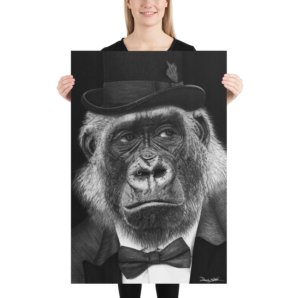 Lámina artística en gran formato con dibujo de gorila elegante, parte de 'Arte Gorila Satírico - ¡Qué Mono!', ideal para decoración con actitud.