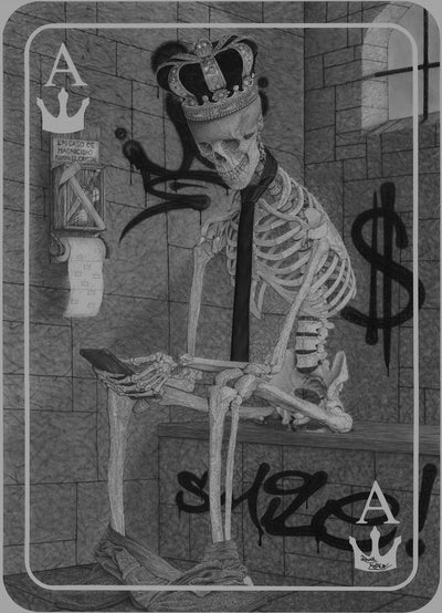 Dibujo a lápiz realista, Obra de arte original en grafito de un esqueleto coronado que representa una crítica social, por David Mateo Art.