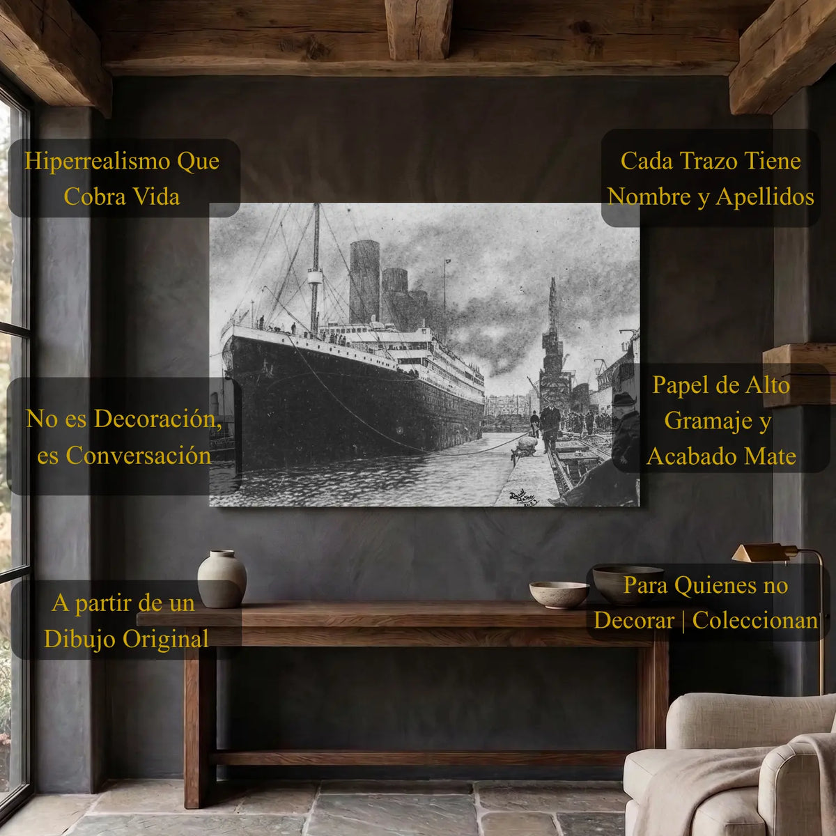 Hiperrealismo a grafito del famoso barco Titanic zarpando del puerto de Southampton en 1912.