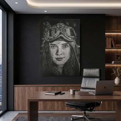 Hiperrealismo a lápiz para la decoración de interiores de un dibujo del Artista David Mateo con una mujer piloto de avión vintage.