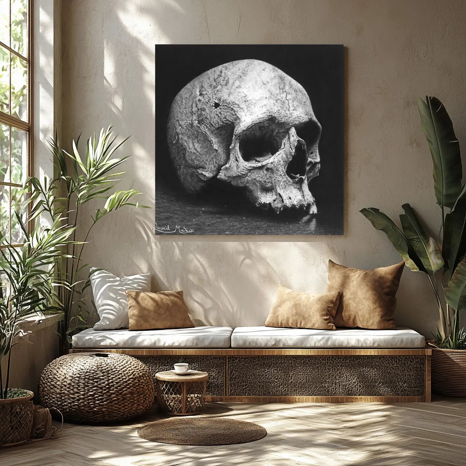 Ilustración artística de una calavera humana hiperrealista hecha con carboncillo sobre papel expuesta en un ambiente hogareño.