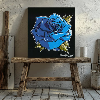 Ilustración artística de una rosa azul eléctrico estilo Tattoo  decorando una habitación industrial.