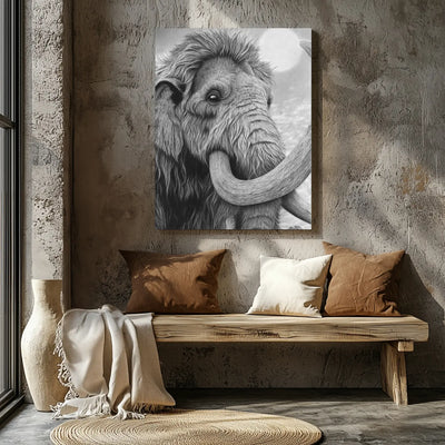 Cuadro decorativo para pared de una ilustración hiperrealista de un mamut lanudo a carboncillo en una pared de estilo industrial junto a una ventana.