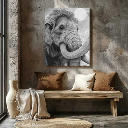 Ilustración hiperrealista de un mamut lanudo a carboncillo en una pared de estilo industrial junto a una ventana.