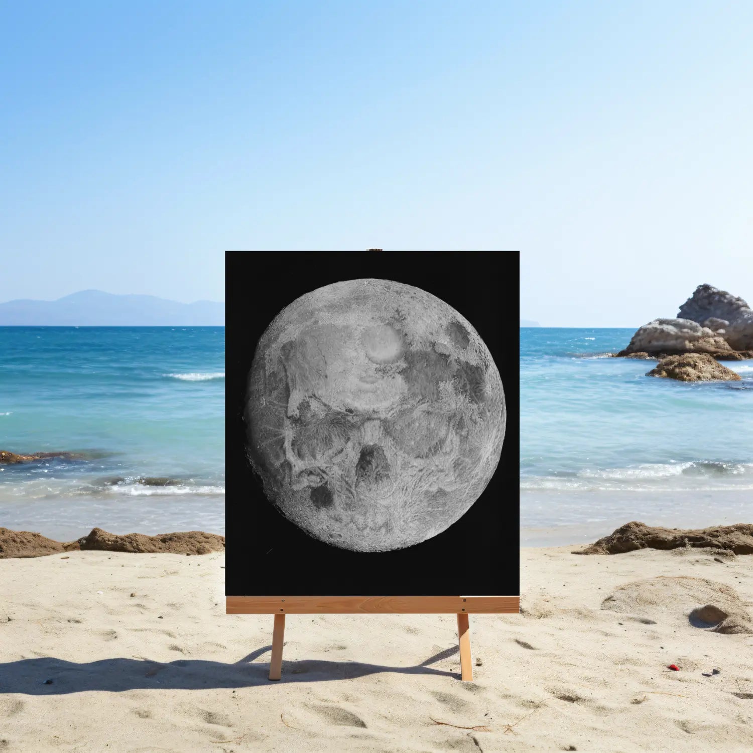 Ilustración hiperrealista de una luna llena con una calavera humana escondida entre sus cráteres exhibida en un trípode en una playa.