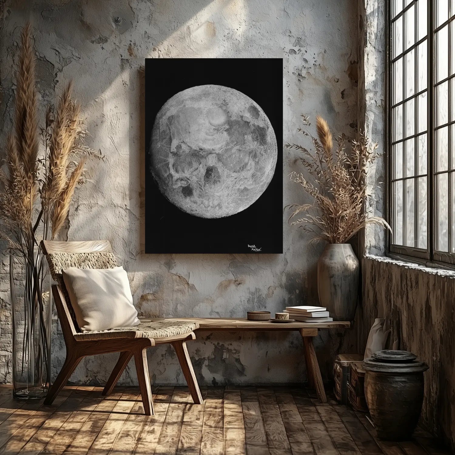 Ilustración hiperrealista de una luna gótica con una calavera escondida.