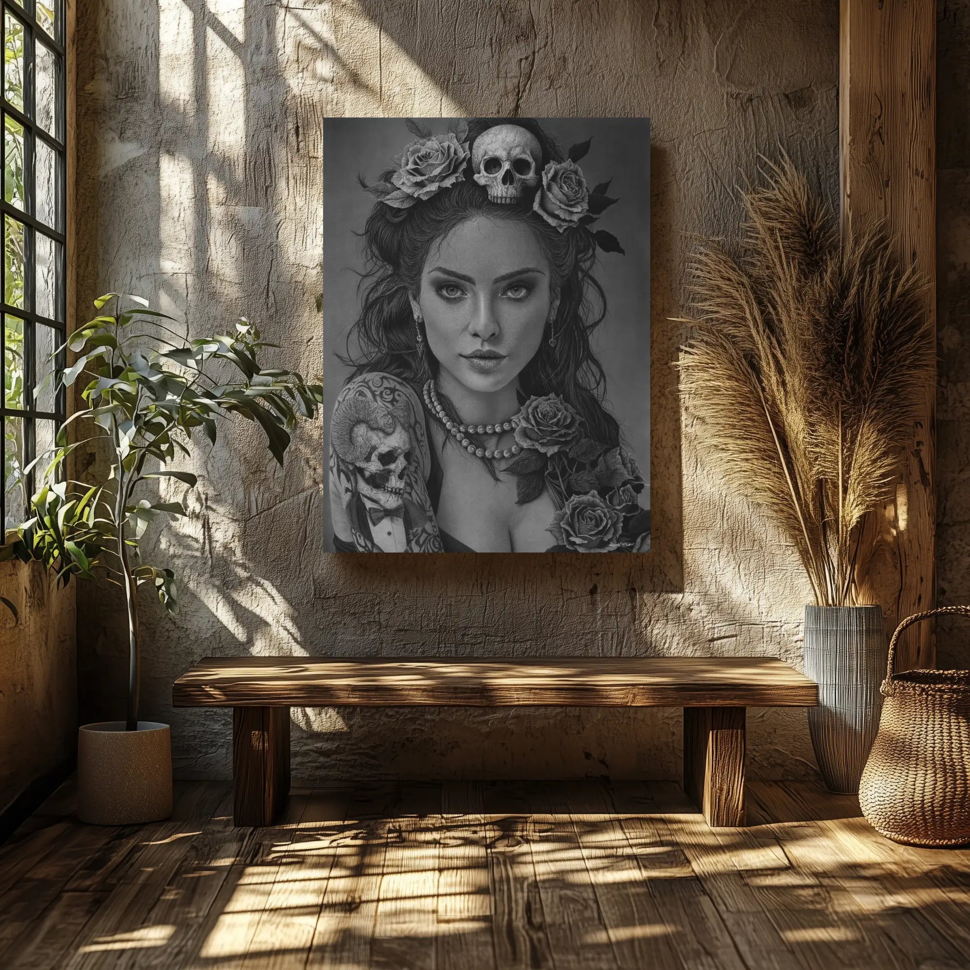 Obra de arte oscuro en blanco y negro que muestra un retrato femenino hiperrealista con elementos simbólicos como calaveras y rosas.