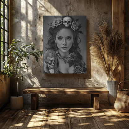 Obra de arte oscuro en blanco y negro que muestra un retrato femenino hiperrealista con elementos simbólicos como calaveras y rosas.