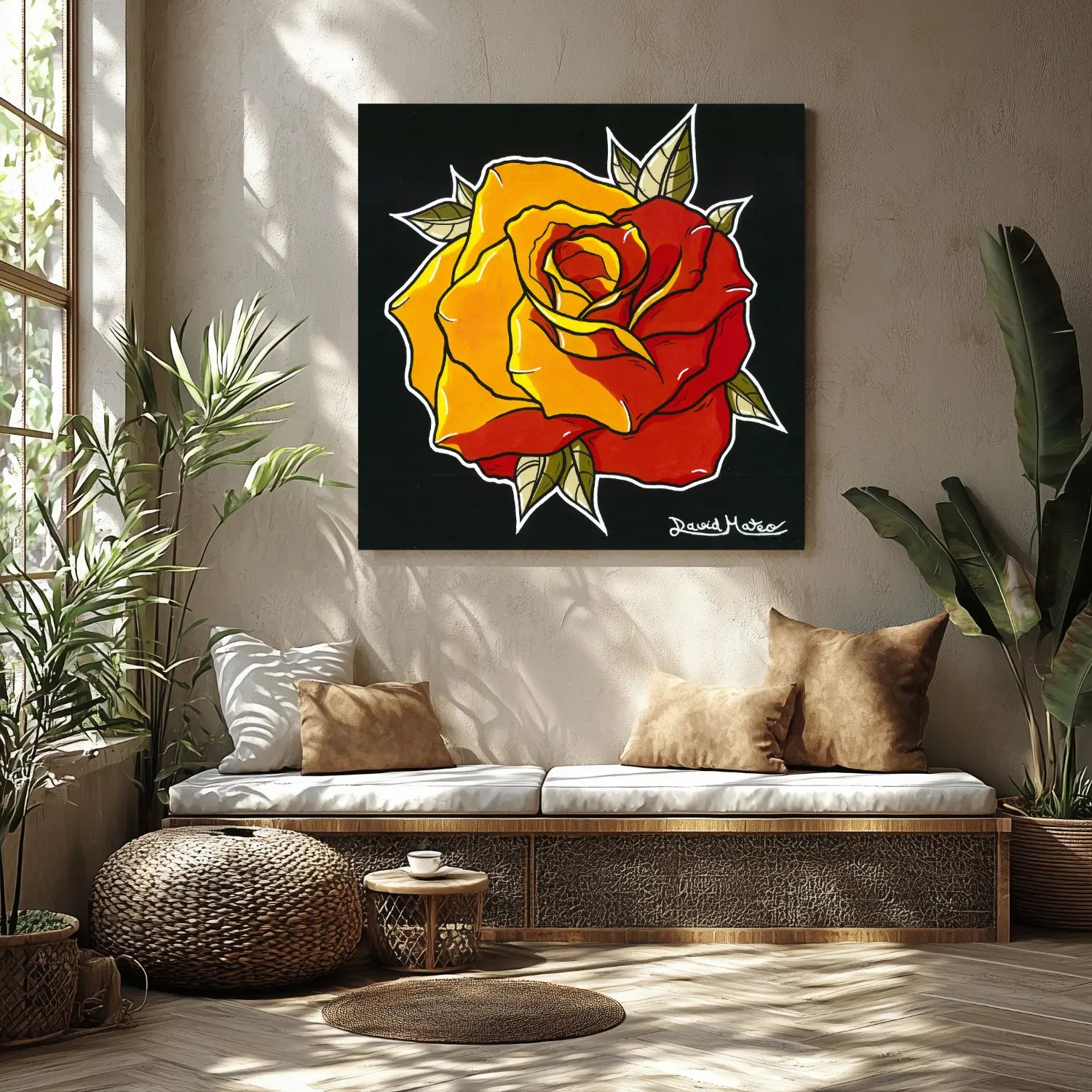 Ilustración de una rosa de fuego estilo Tattoo Neo Tradicional en un ambiente moderno.