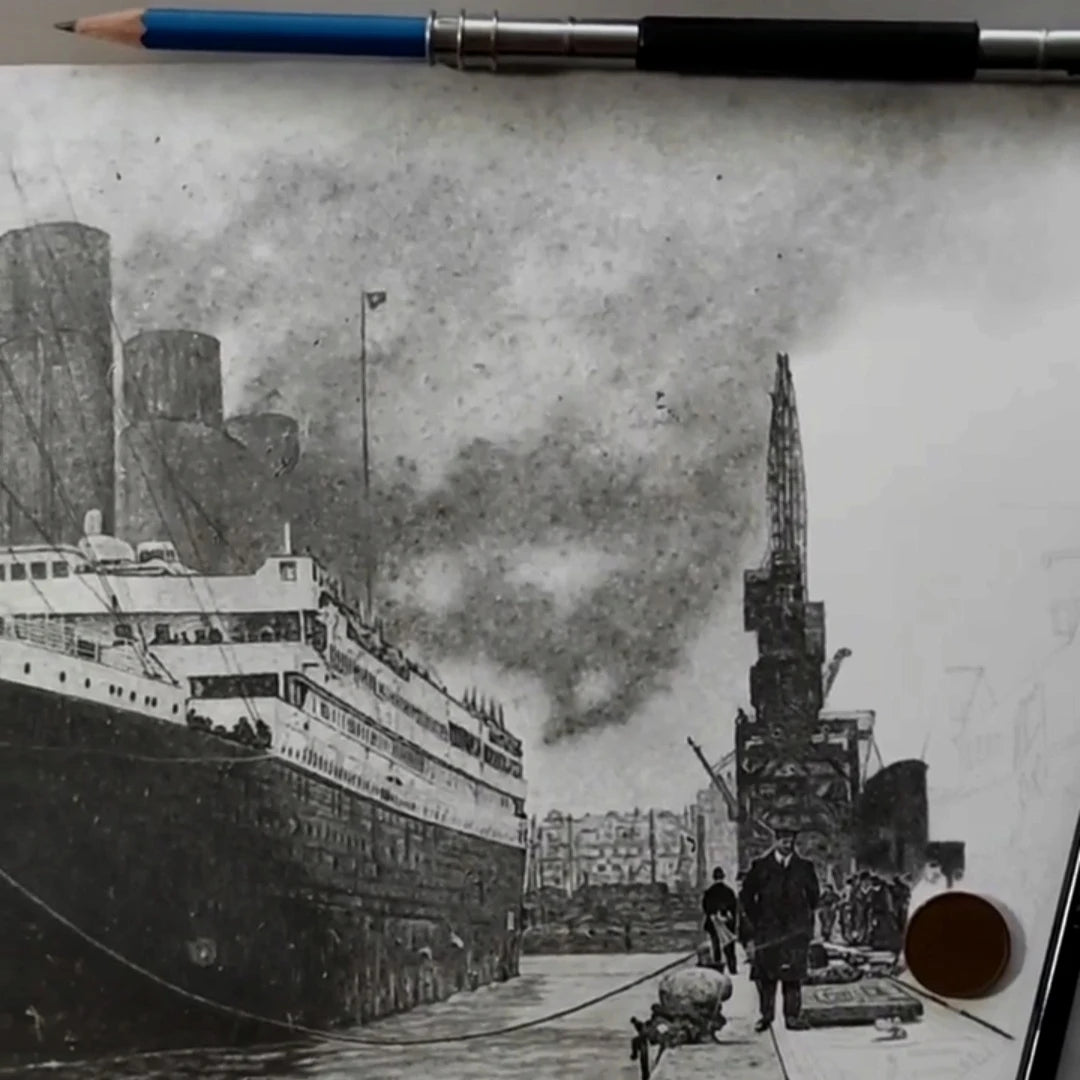 Imagen del proceso creativo de un dibujo hiperrealista del famoso barco Titanic hecho por el artista David Mateo.