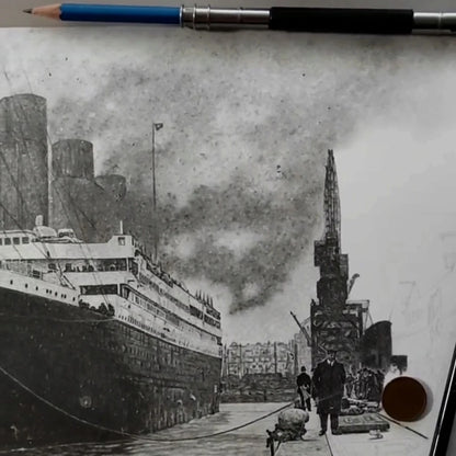 Imagen del proceso creativo de un dibujo hiperrealista del famoso barco Titanic hecho por el artista David Mateo.