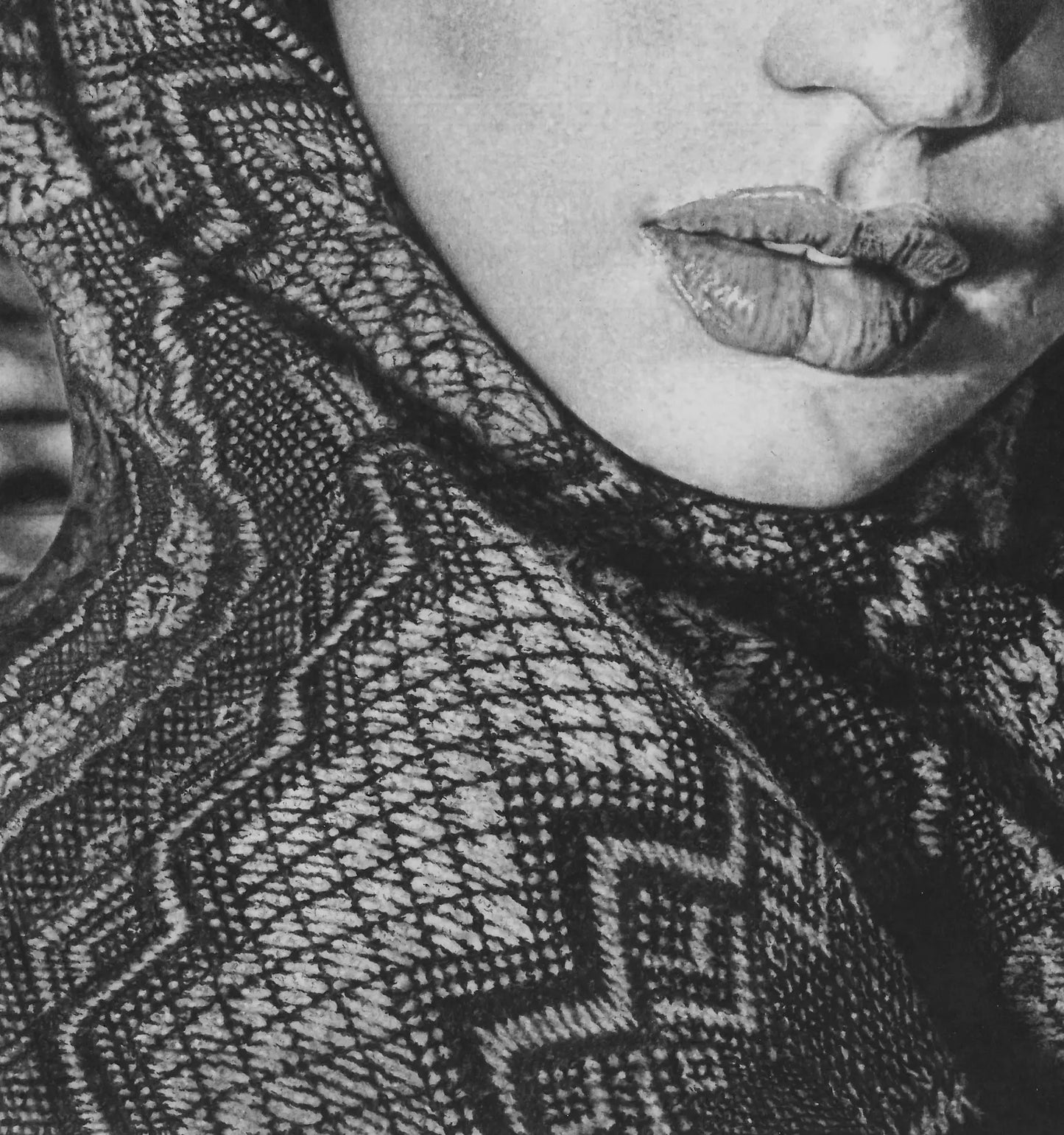 Primer plano de los labios y la barbilla, contrastando la suavidad de la piel con la textura oscura de la prenda.