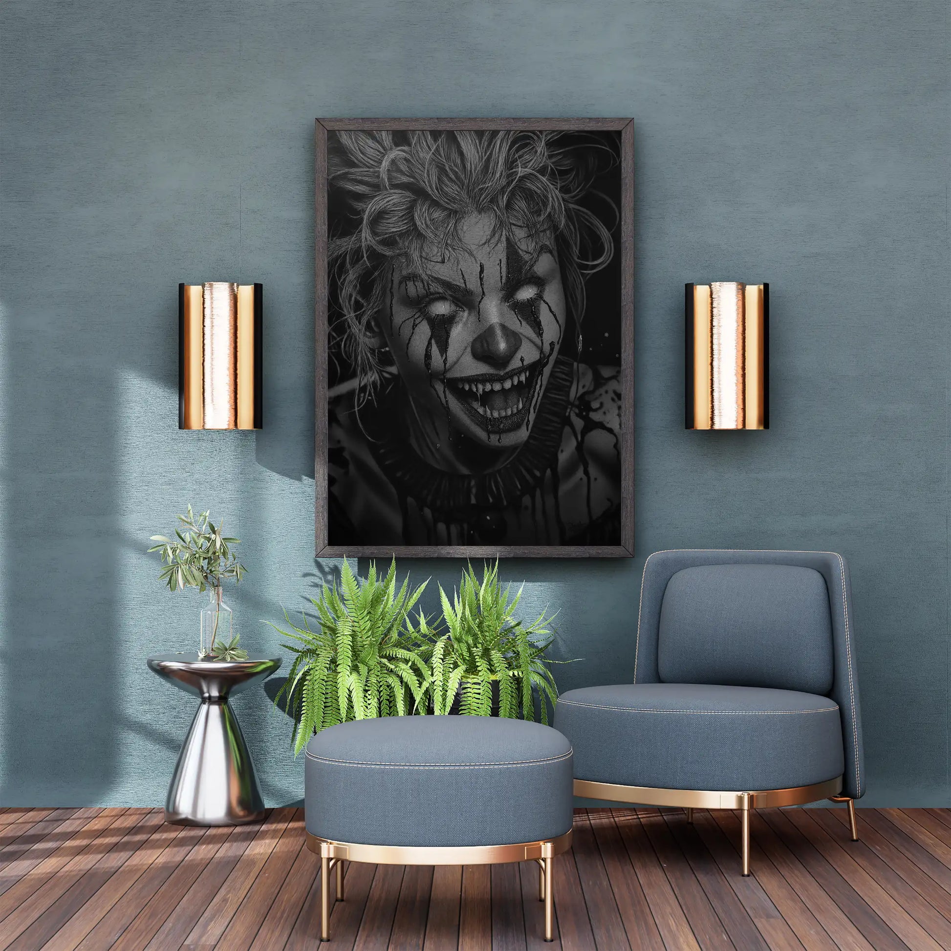 Lámina decorativa para pared de la obra de arte de David Mateo Lágrimas de Sangre. Dibujo al carboncillo de terror hiperrealista.