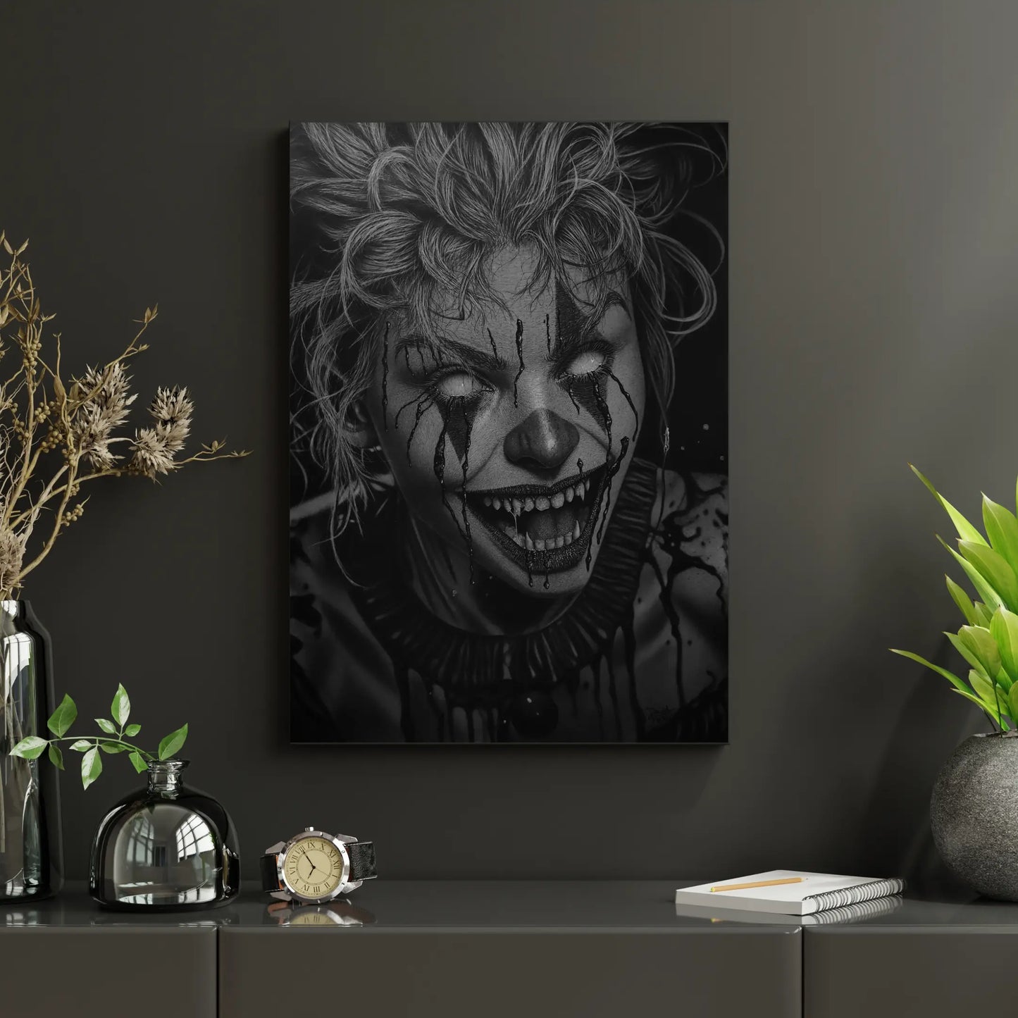 Dibujo “Lágrimas de Sangre” mostrado en un marco vertical para presentación.