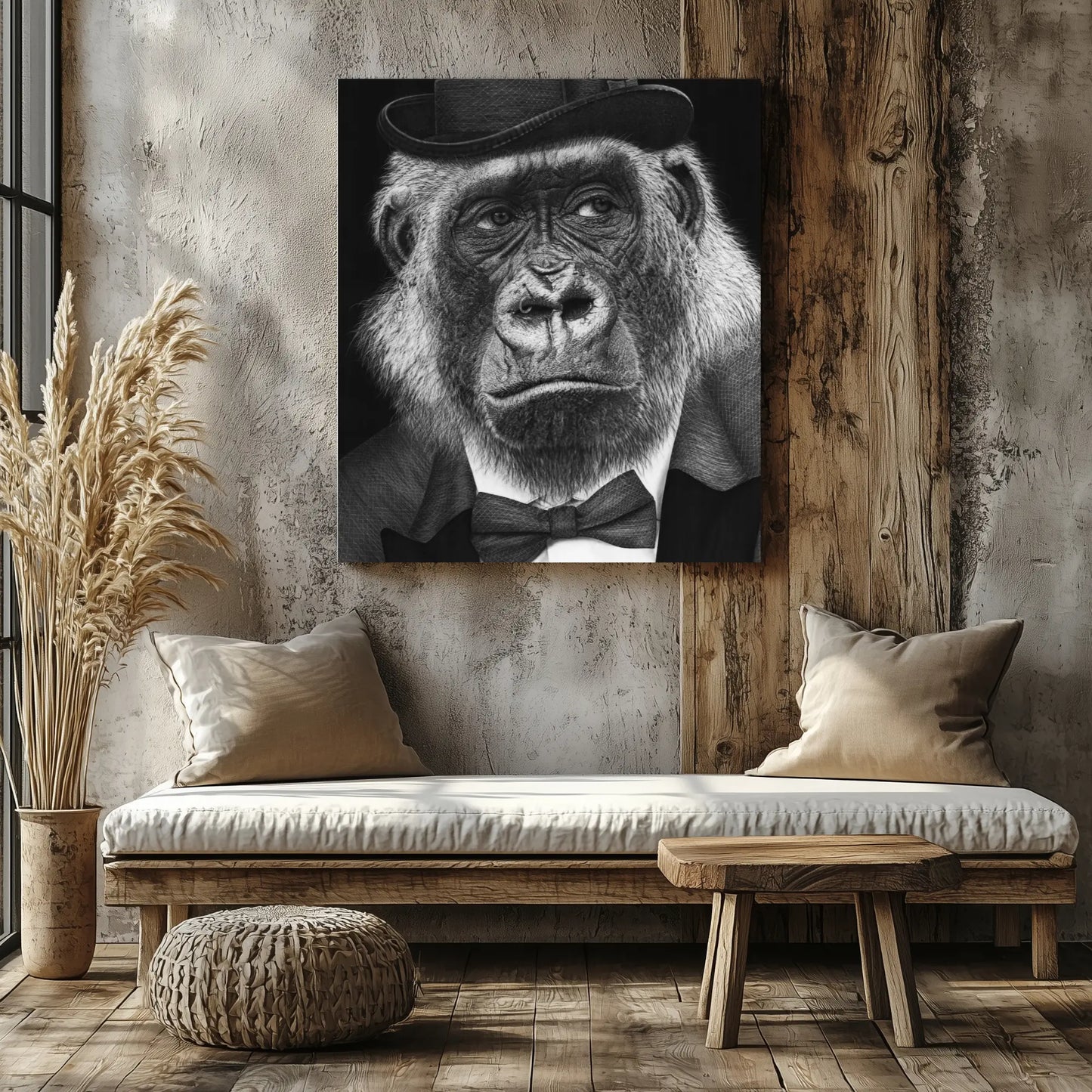 Lámina de arte hiperrealista de un gorila con sombrero de copa, esmoquin y pajarita.