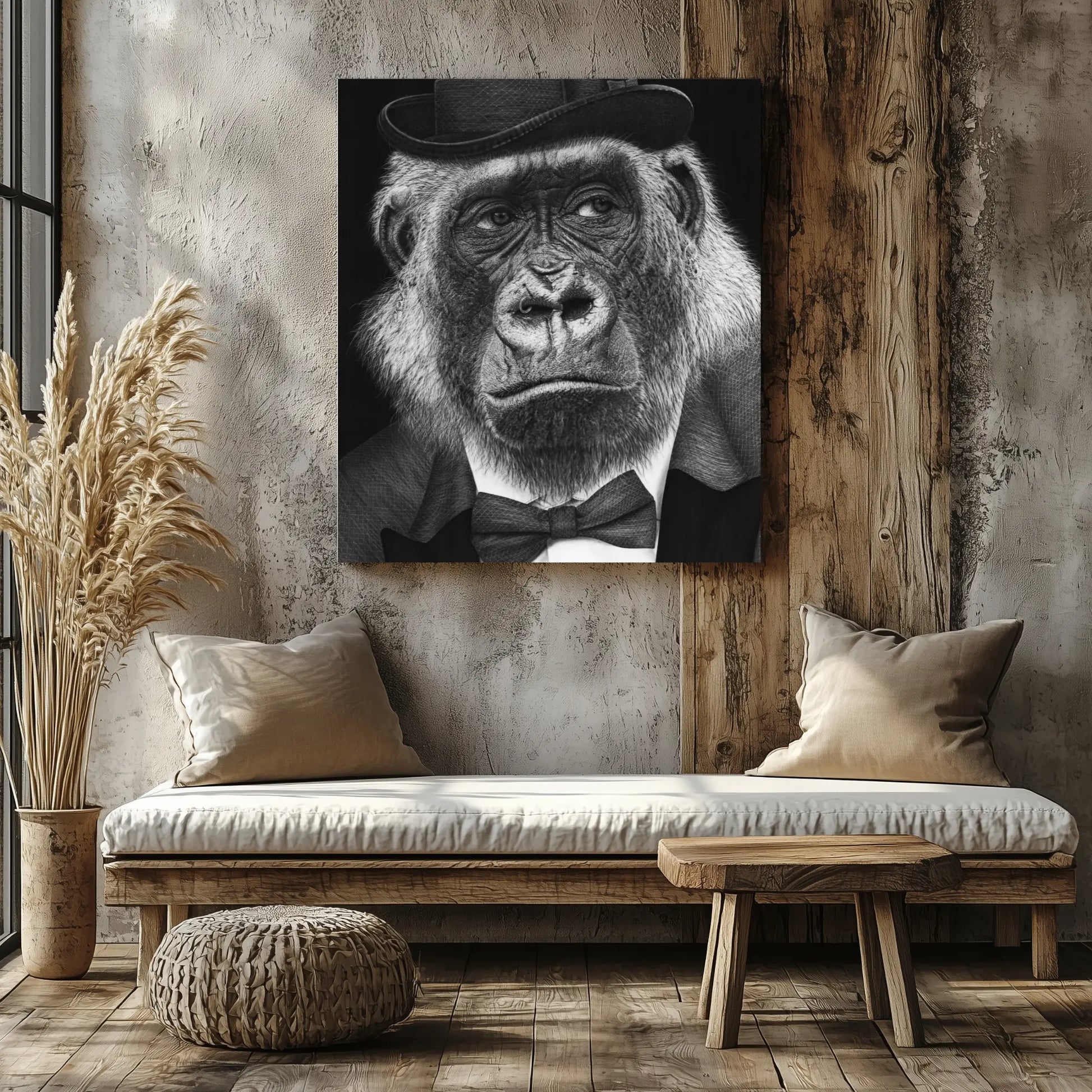 Lámina de arte hiperrealista de un gorila con sombrero de copa, esmoquin y pajarita.