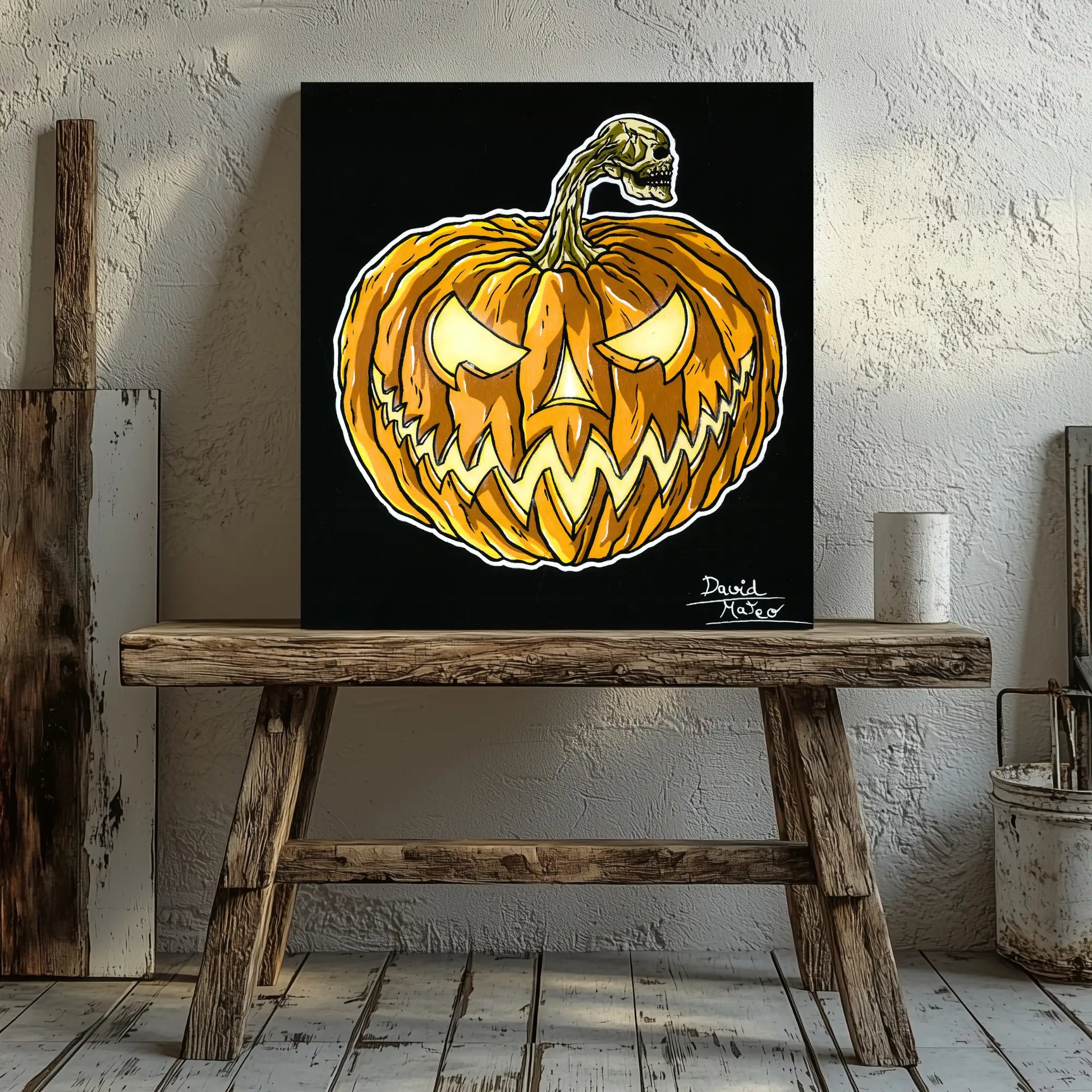 Lámina de arte gótico calabaza de Halloween estilo macabro con tallo en forma de calavera, ilustración de David Mateo Art.