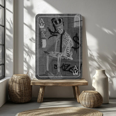 Lámina para cuadros de arte gótico de un rey esqueleto sentado en su trono, crítica social. Dibujo a lápiz para decoración de interiores.