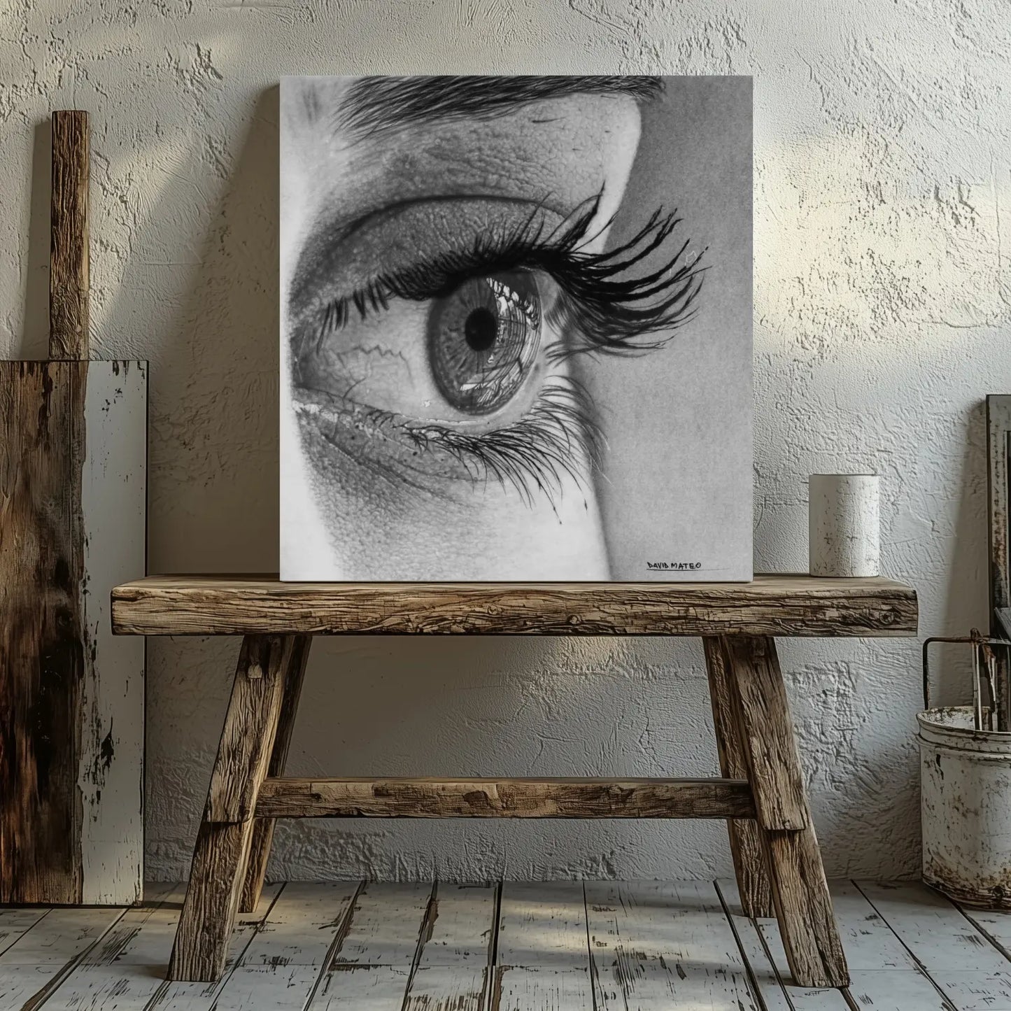 Lámina de arte hiperrealista de un ojo en primer plano expuesto en una galería en Nueva York.