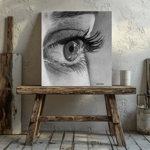 Lámina de arte hiperrealista de un ojo en primer plano expuesto en una galería en Nueva York.