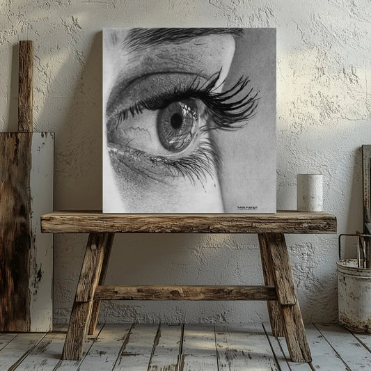 Lámina de arte hiperrealista de un ojo en primer plano expuesto en una galería en Nueva York.