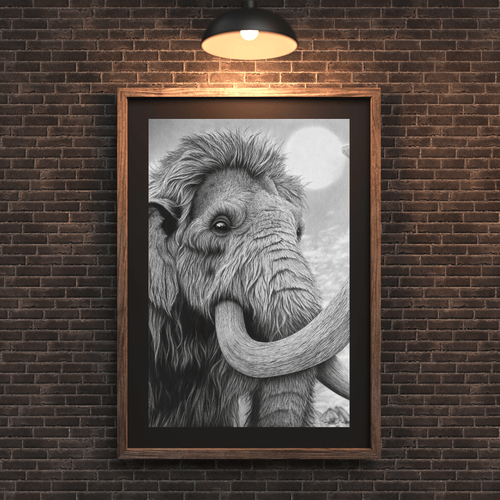 Lámina Fine Art del dibujo hiperrealista "Lanudo", un retrato en blanco y negro de un mamut lanudo a carboncillo con una luna al fondo, por el artista David Mateo.