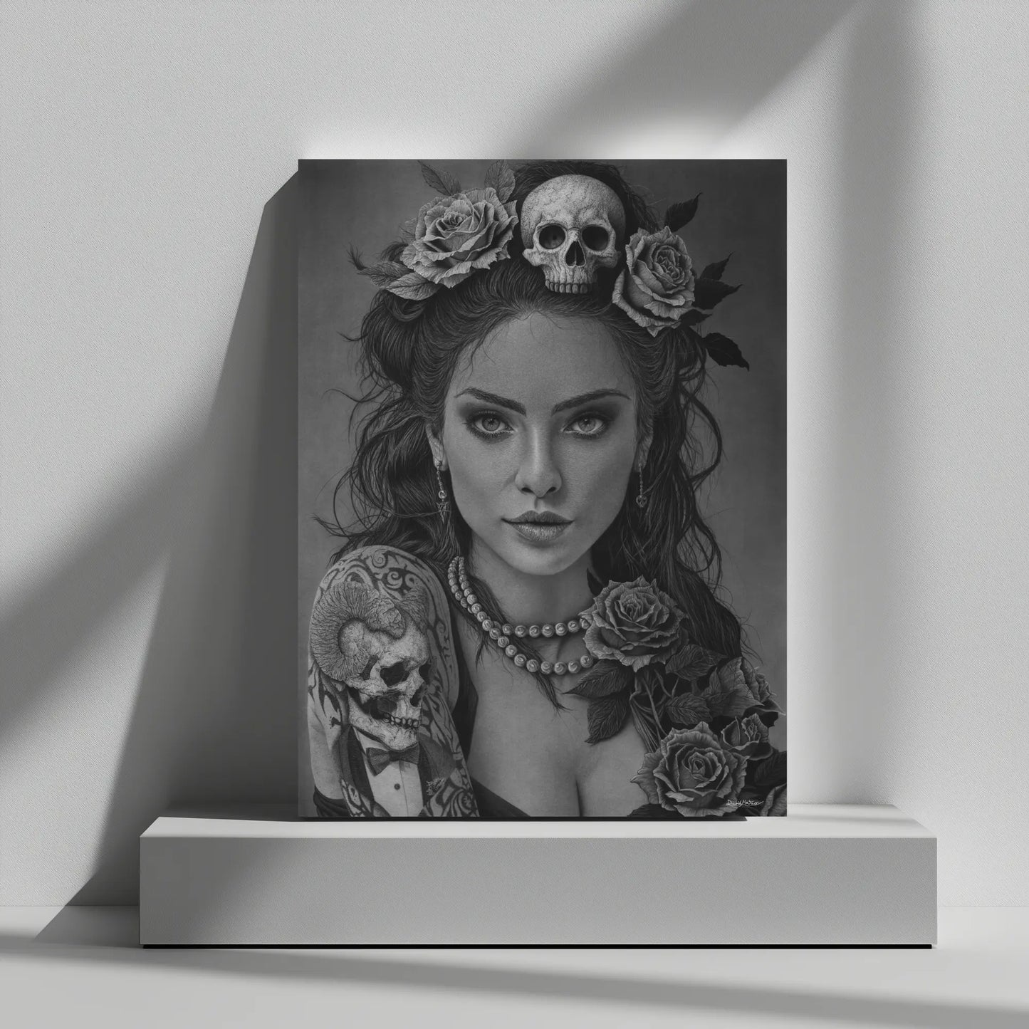 Lámina artística de retrato hiperrealista a grafito con una figura femenina rodeada de rosas y una calavera, cargada de simbolismo y contraste.