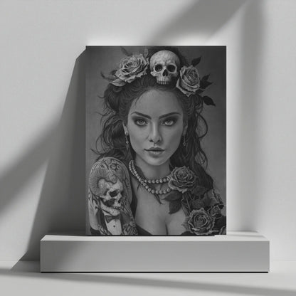 Lámina artística de retrato hiperrealista a grafito con una figura femenina rodeada de rosas y una calavera, cargada de simbolismo y contraste.