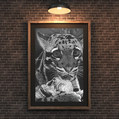 “Arte animal realista de un leopardo con calavera, impreso y colgado en un interior contemporáneo.”