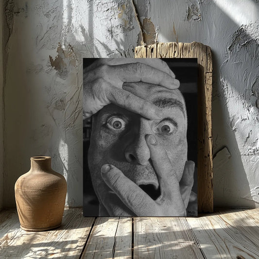 Lámina de autorretrato hiperrealista a grafito titulada "El Grito Silencioso" de David Mateo Art en una decoración de estilo rústico y artístico.