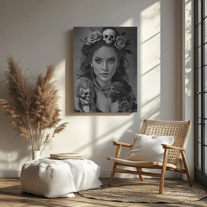 Dibujo hiperrealista a lápiz de un retrato femenino con calavera y detalles florales, presentado como lámina artística en blanco y negro.