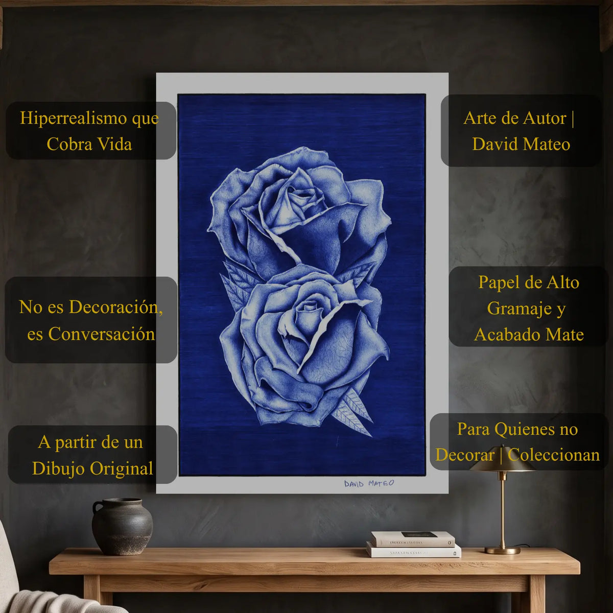Lámina decorativa de un dibujo realista a bolígrafo de dos rosas.