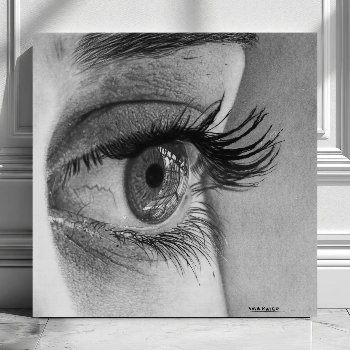 Lámina decorativa del hiperrealismo a grafito de un ojo humana en primer plano de David Mateo.
