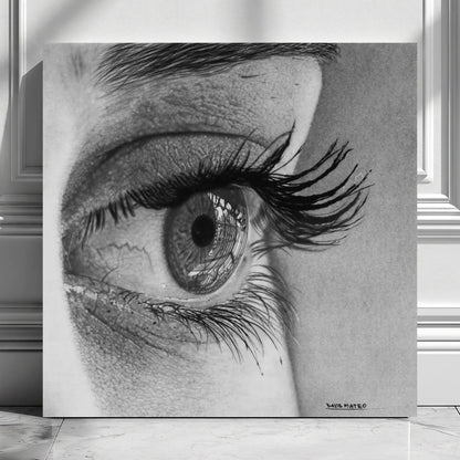 Lámina decorativa del hiperrealismo a grafito de un ojo humana en primer plano de David Mateo.