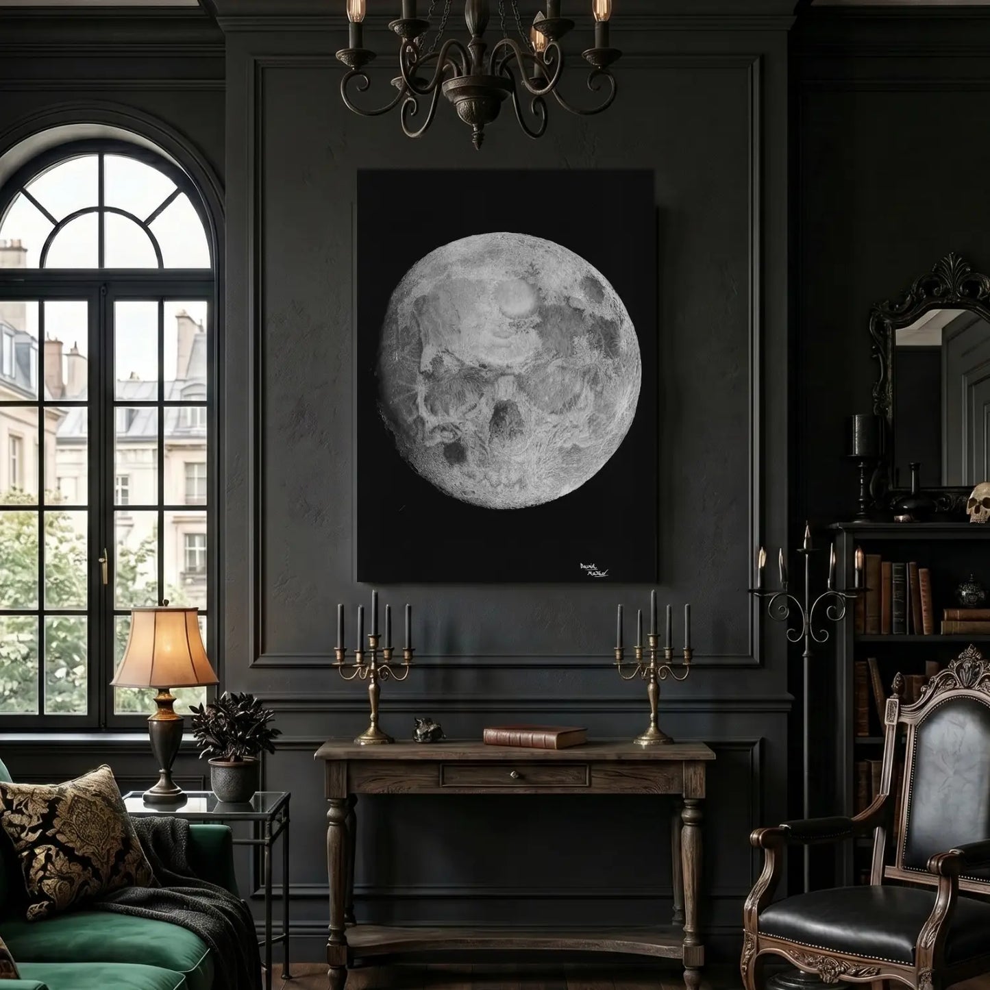 Lámina decorativa moderna de una luna siniestra que esconde una calavera entre sus cráeres.