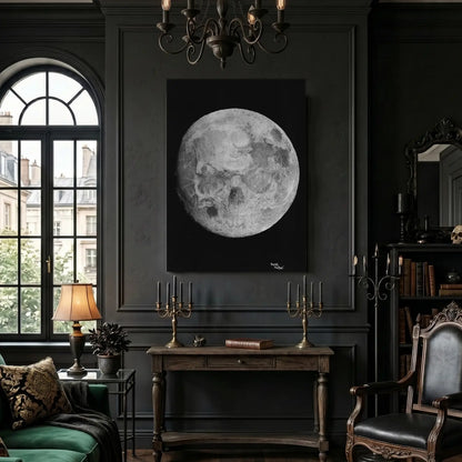Lámina decorativa moderna de una luna siniestra que esconde una calavera entre sus cráeres.