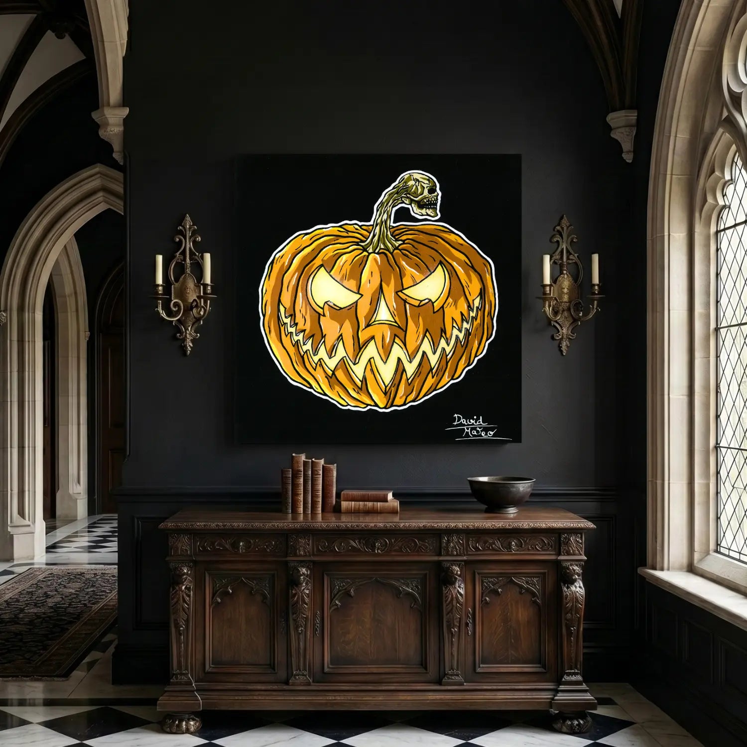 Lámina decorativa para pared de una calabaza de Halloween gótica del artista David Mateo.